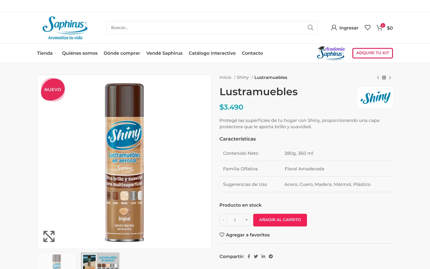 Product page for 'Shiny' furniture polish with product photo, price, description, spec table, quantity selector and 'Add to cart' button