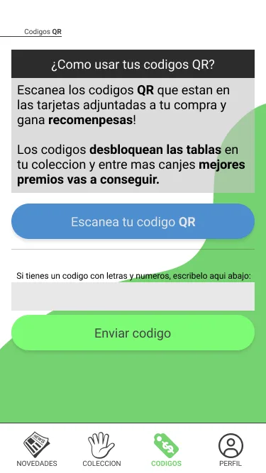 QR code redemption screen with instructions, a scan button, a field to type the code and a bottom navigation bar