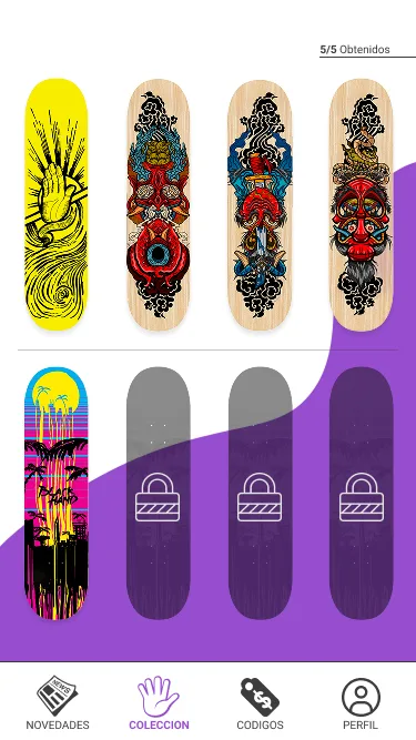 Skateboard collection with a 5/5 obtained counter: unlocked boards with colorful designs and locked boards with padlock icons