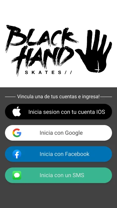 Black Hand login screen with the brand logo and buttons to sign in with an iOS account, Google, Facebook or SMS