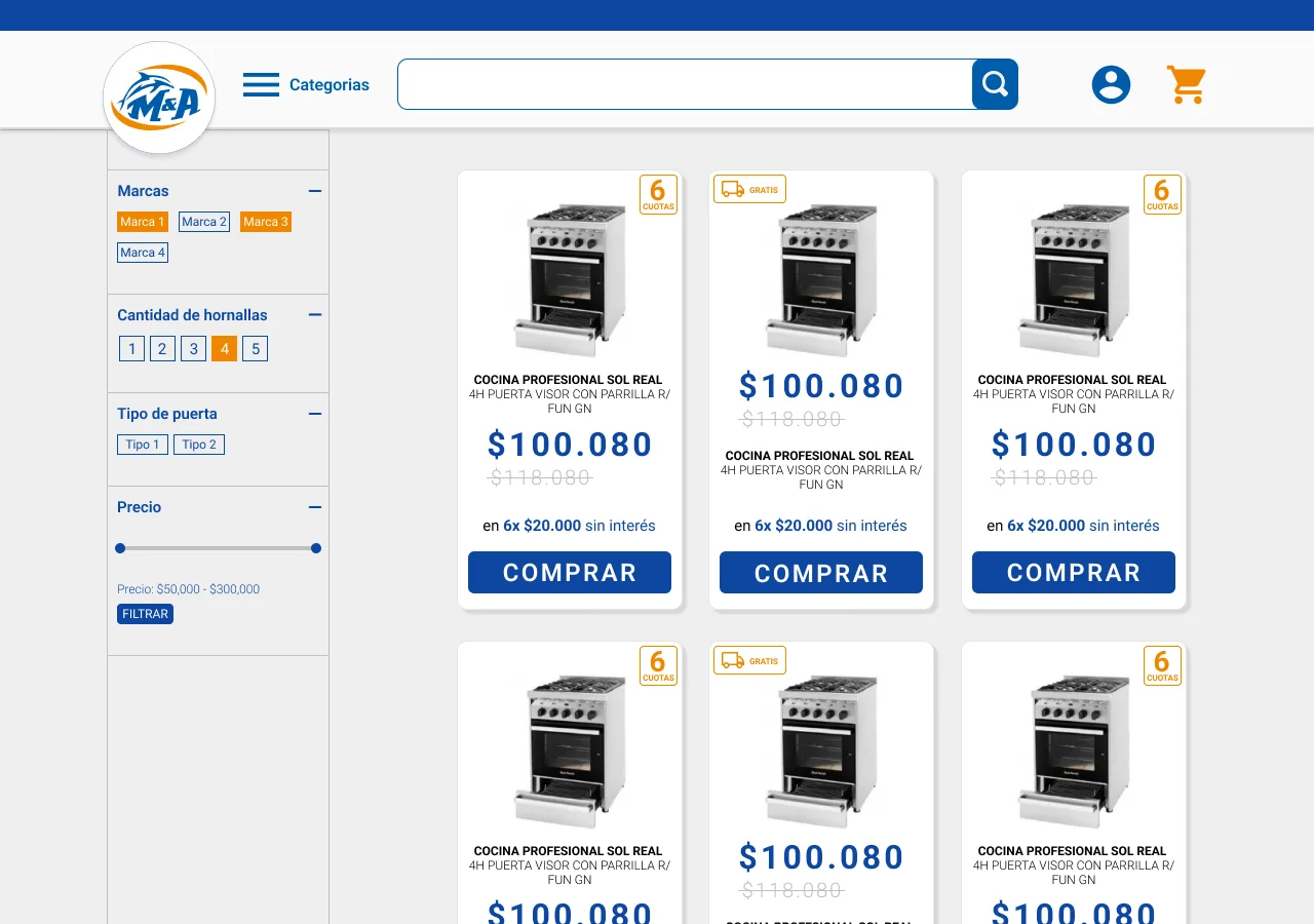 MYA catalog with sidebar filters by brand, burners and price, and a grid of stove cards with prices and buy buttons