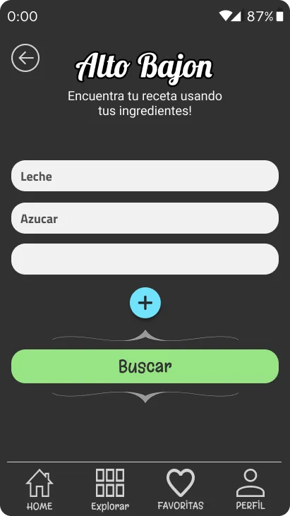 Ingredient search screen with filled fields (Milk, Sugar), a button to add another ingredient and a green Search button