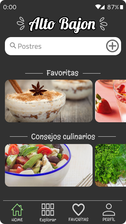 Home — Dashboard con ingredientes