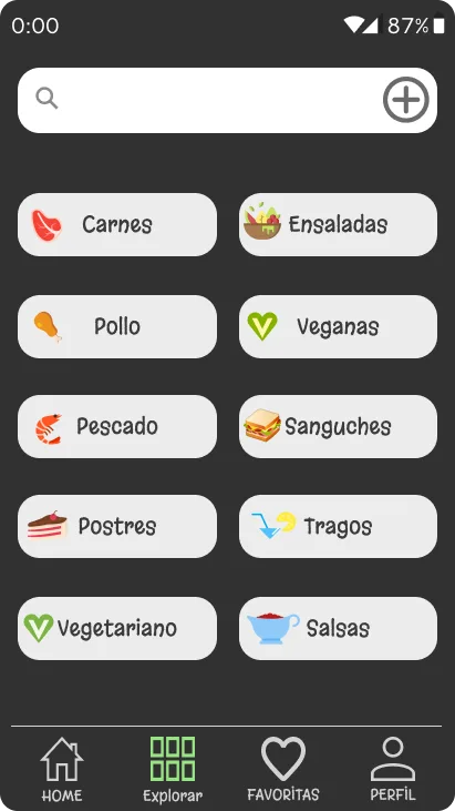 Explore screen with search bar and a grid of recipe categories: Meats, Salads, Chicken, Vegan, Fish, Sandwiches, Desserts, Drinks, Vegetarian and Sauces