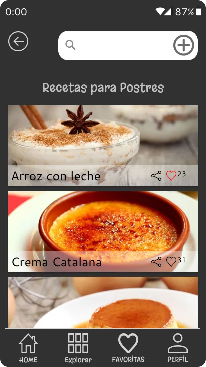 Dessert recipes list with Arroz con leche and Crema Catalana cards, each showing the dish photo, share button and like count