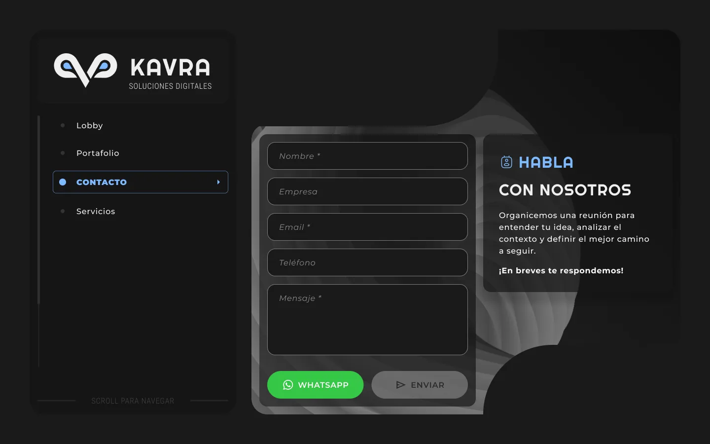 KAVRA Contact section with a form showing Name, Company, Email, Phone and Message fields, green WhatsApp and Send buttons, and a "HABLA CON NOSOTROS" heading
