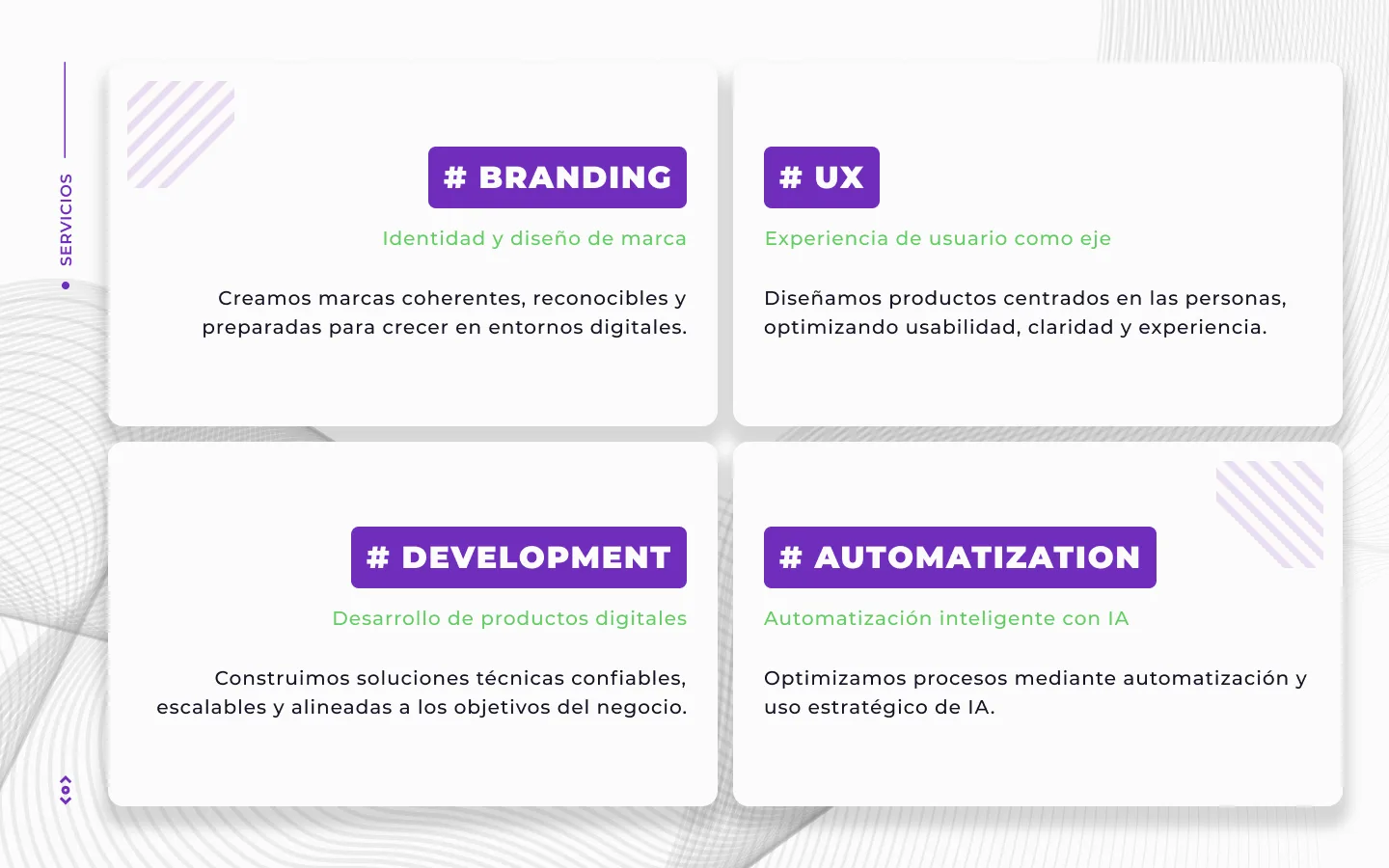 Services section on a light background with four cards — Branding, UX, Development and Automatization — each with a green subtitle and description