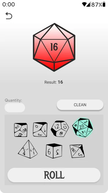 Dice roller with a red d20 showing result 16, quantity field, dice type selector and roll button
