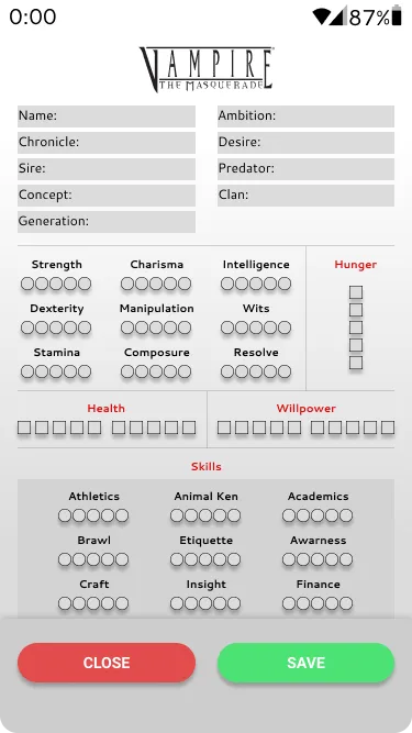 Digital Vampire: The Masquerade character sheet with data fields, attributes, skills, health track and close/save buttons