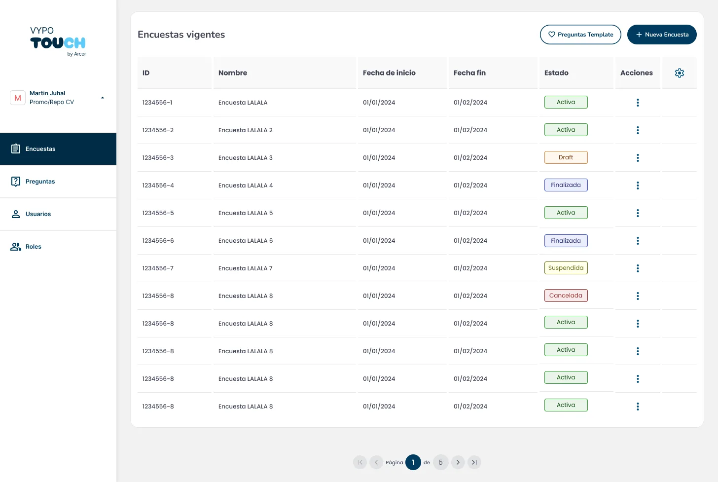 Vypo Touch dashboard: survey table with ID, dates, color-coded status badges, per-row action menus and pagination
