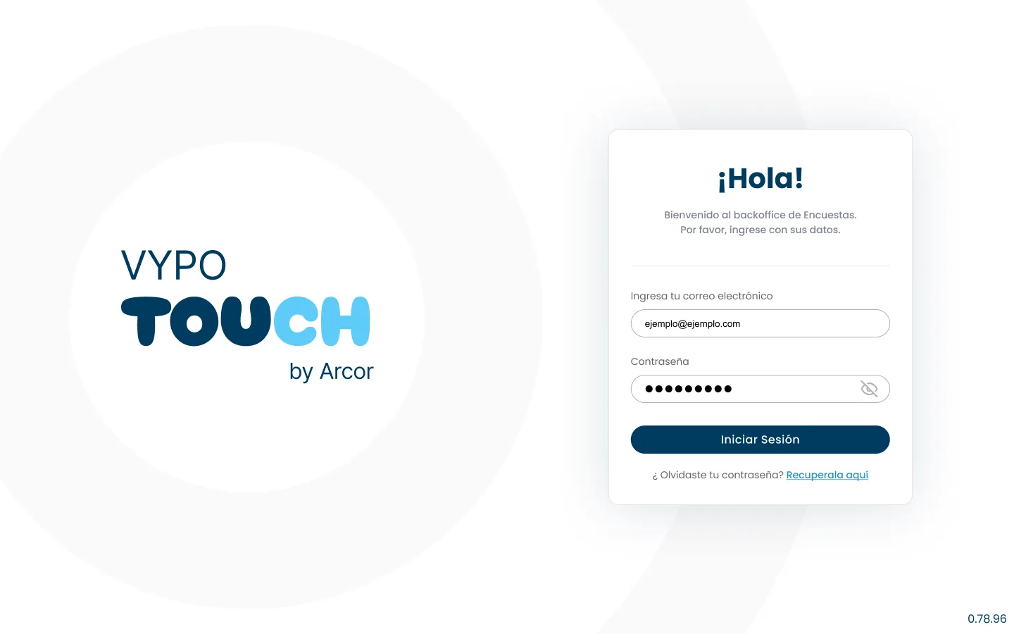 Vypo Touch backoffice login with email and password fields, Sign in button and password recovery link