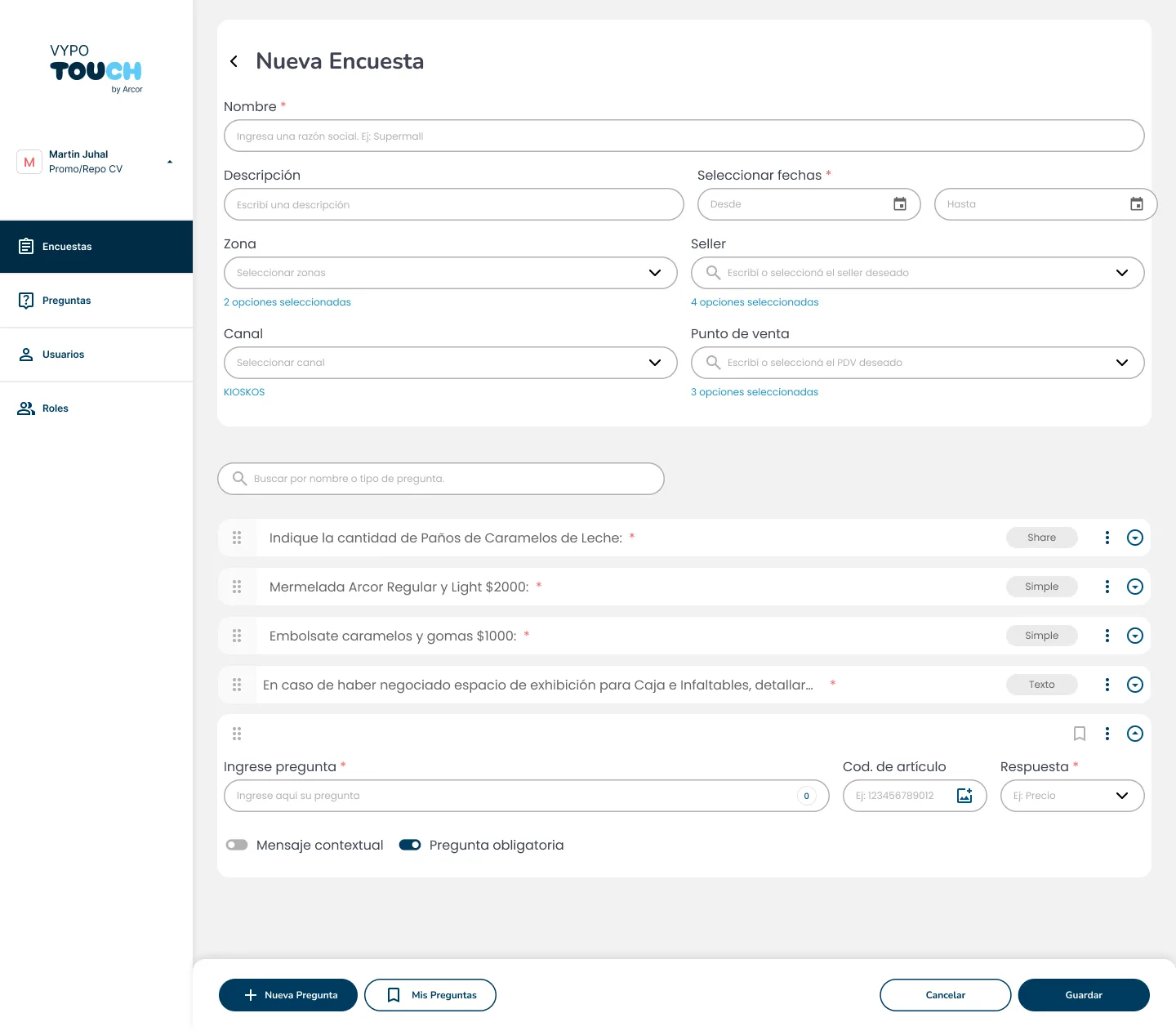New survey builder form with name, dates, zone, seller and point of sale fields, typed question list and Save button