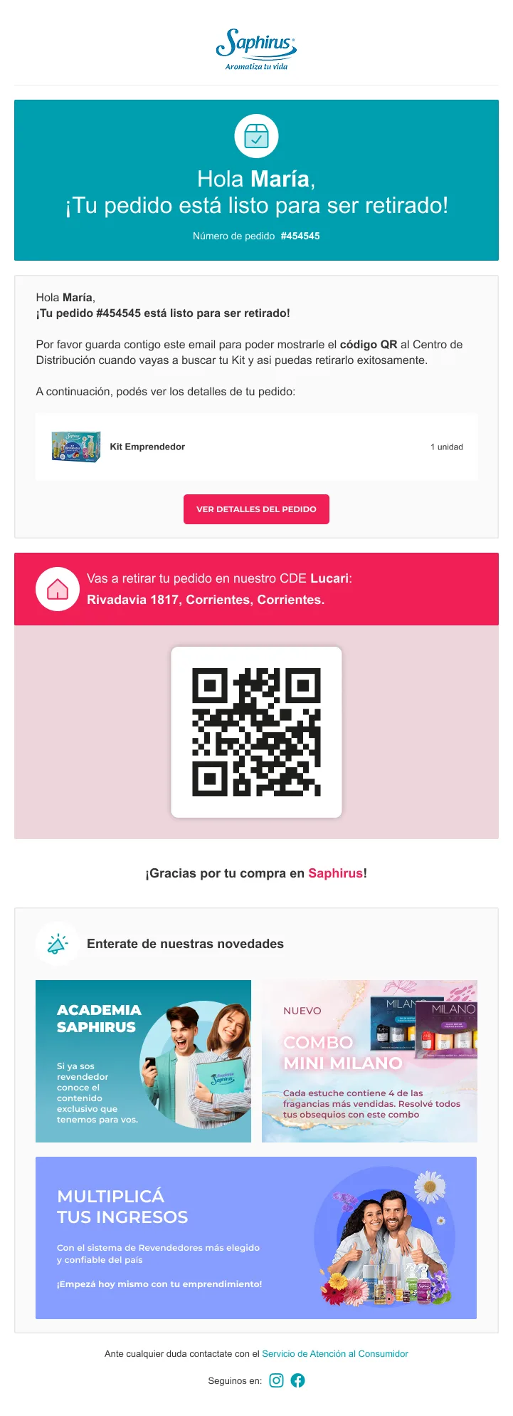 Saphirus email with order ready for pickup, distribution center address and a large QR code for delivery verification