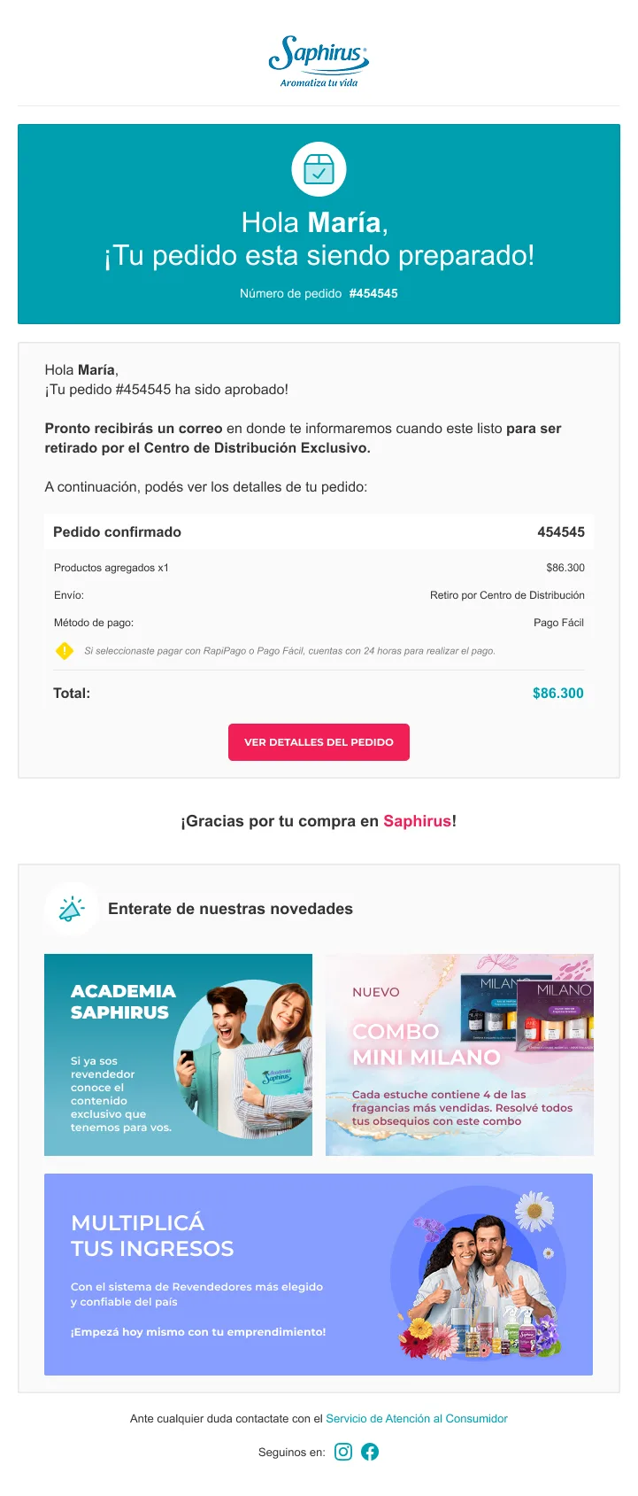 Saphirus email announcing the order is being prepared, with confirmed order details and a button to view the order