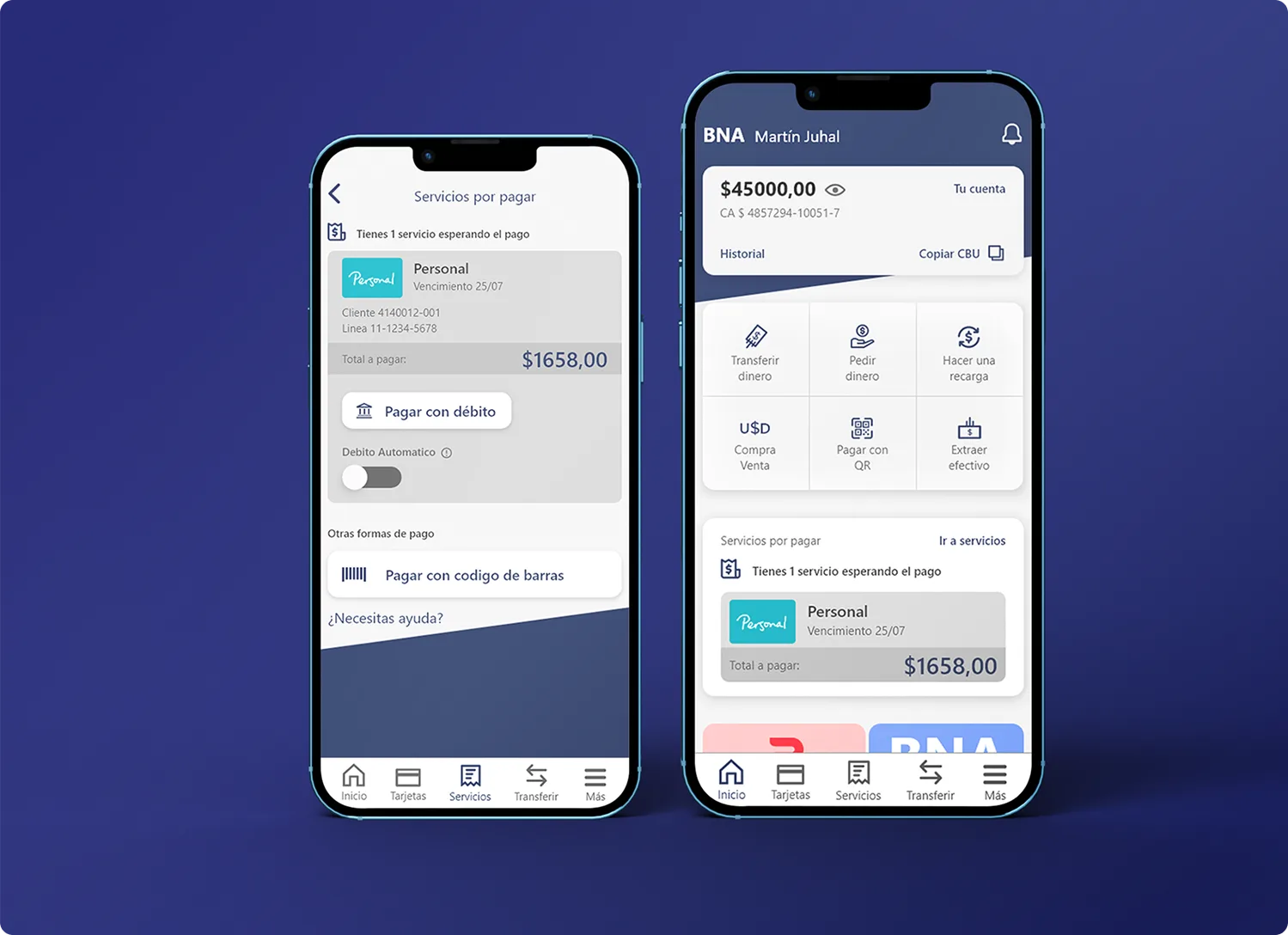 Two phones: paying a Personal bill with debit and barcode options, and a home screen with balance, quick actions and pending services